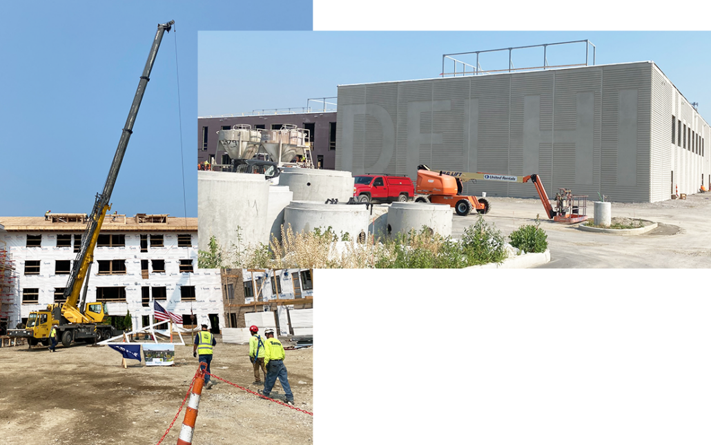 Collage of photos overlaying each other showing the Feldkamp team installing large HVAC system on top of construction site