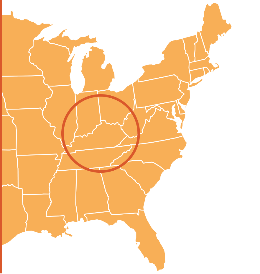 A map of the Eastern United States showing where Feldkamp works in Ohio, Kentucky and Tennessee